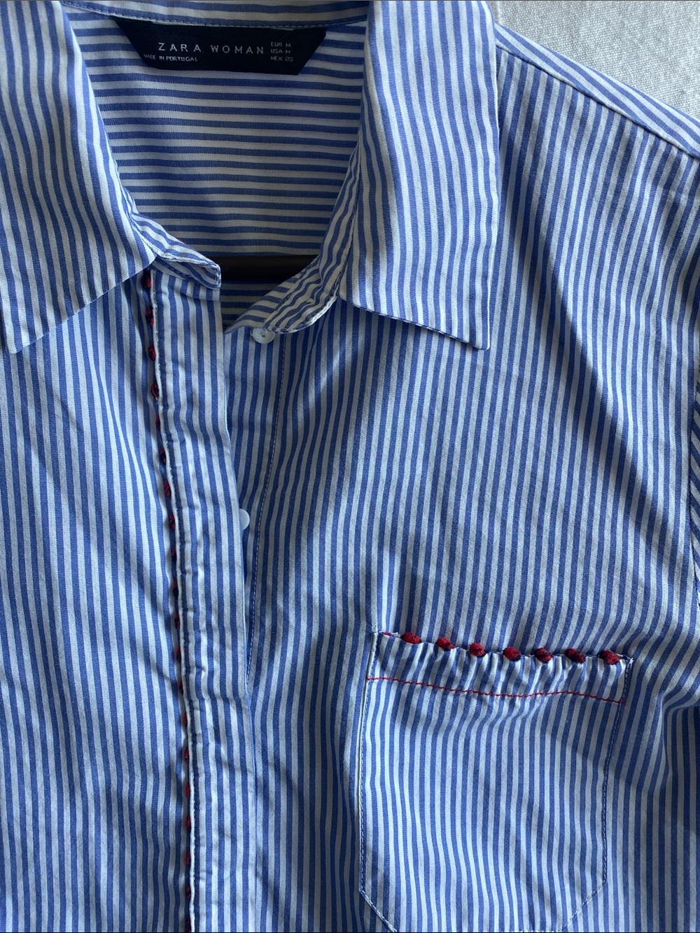 Zara Blue and White Stripe Cotton Button-Down Shirt with Red Stitching
